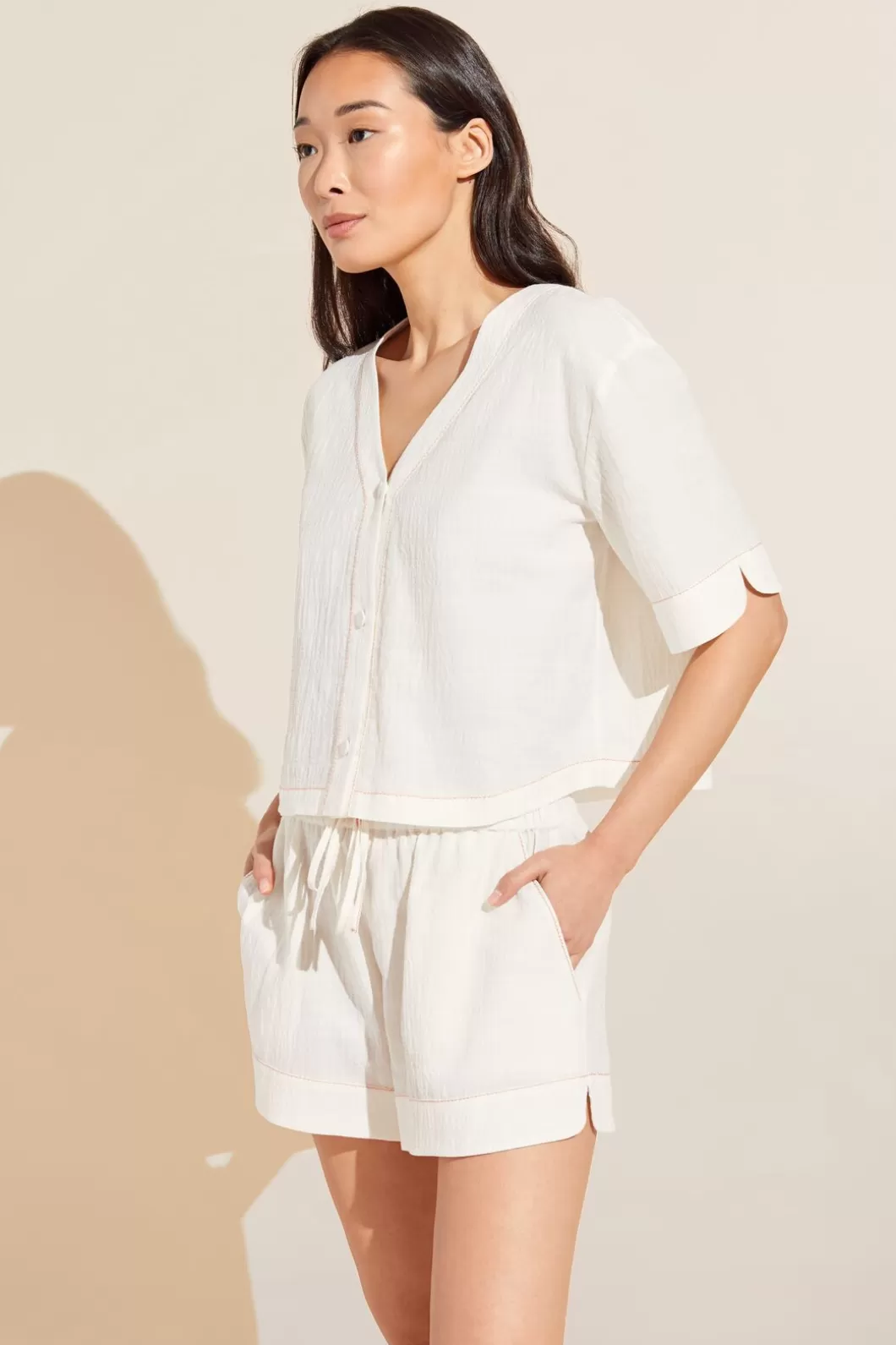 Eberjey Crinkle Woven Short Sleeve Top & Short Set- Loungewear